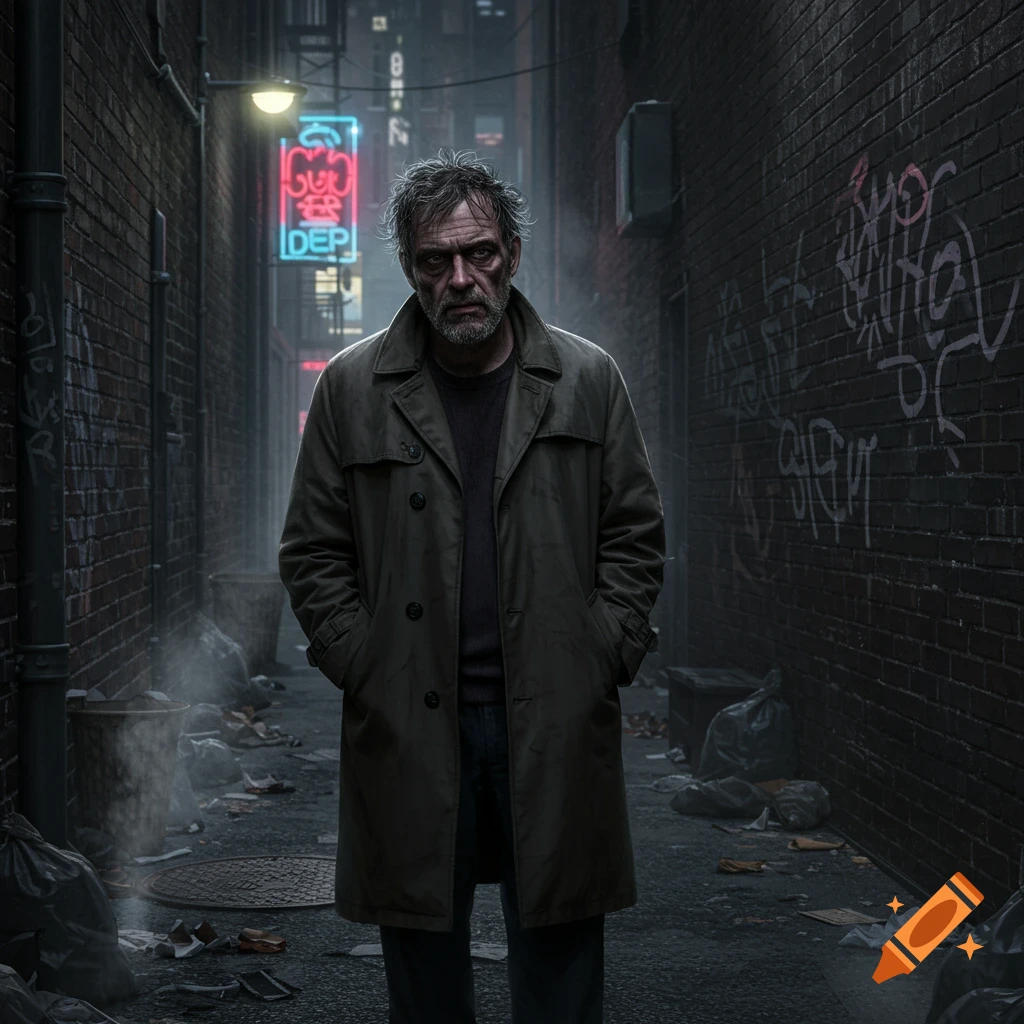 A dishevelled man in a long coat stands in a dark, grimy alleyway with brick walls and neon signs in the background.