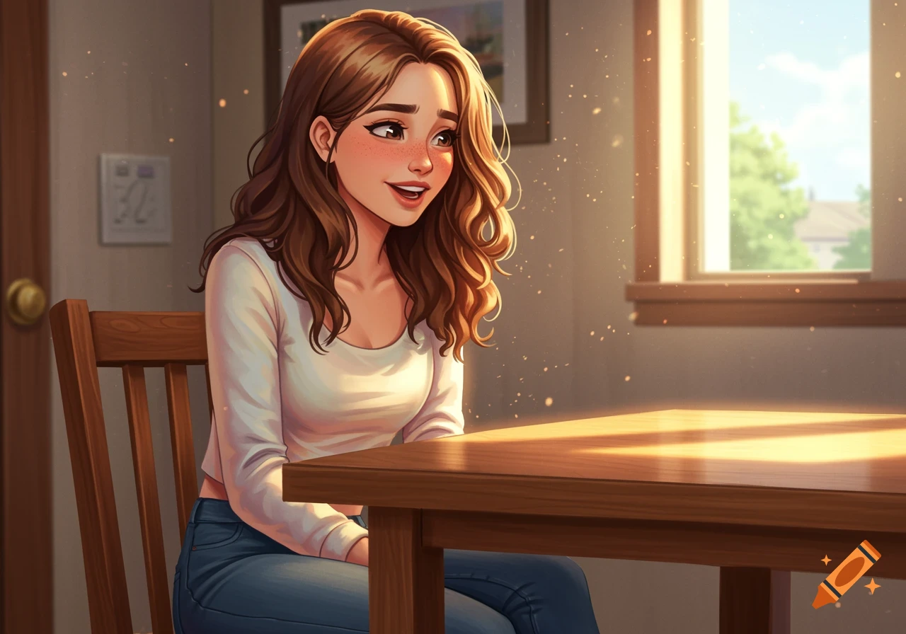 Semi-realistic illustration of a young girl with wavy brown hair sitting at a sunlit dining table, looking with an embarrassed smile.