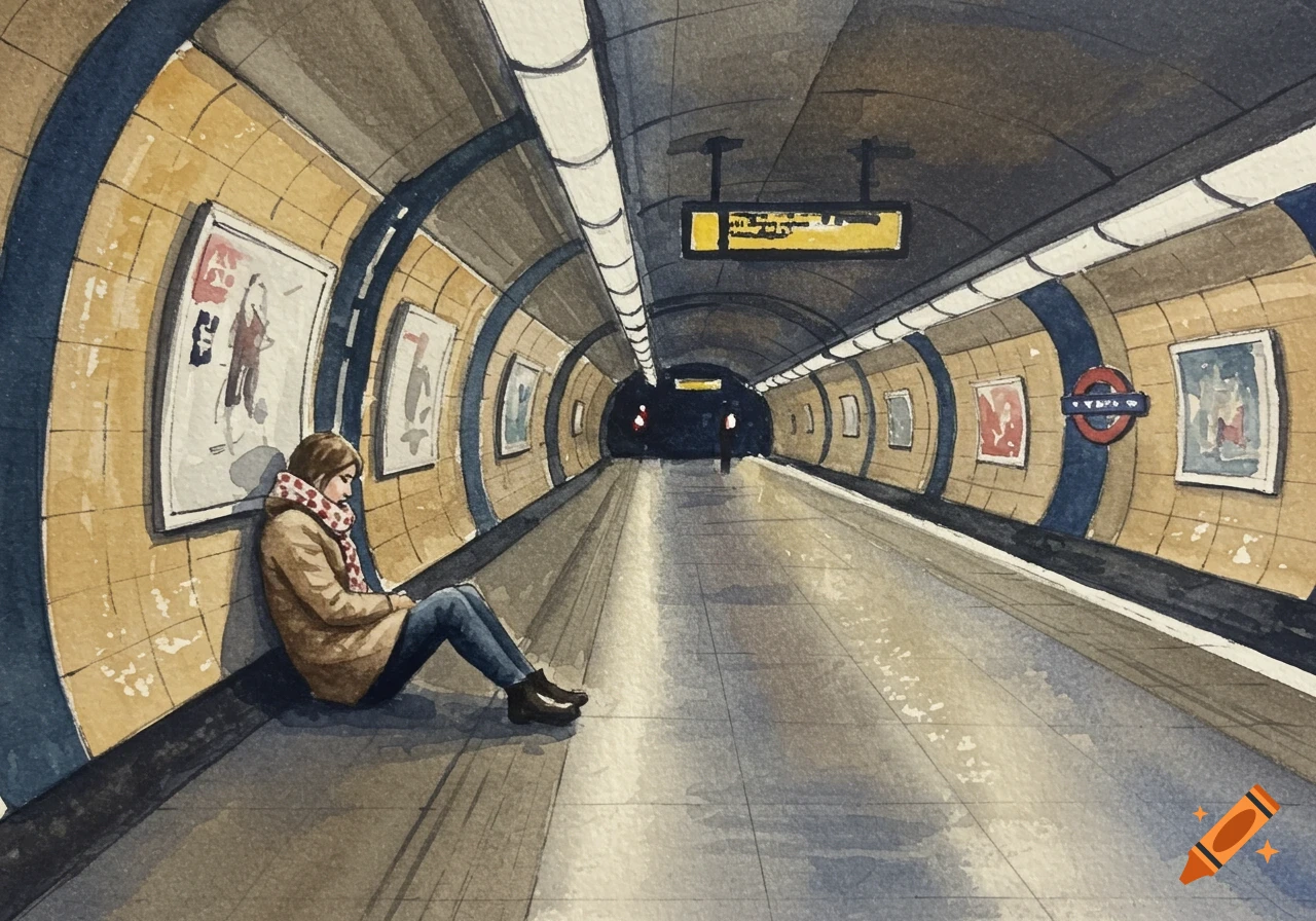 A soft watercolor painting of a woman sitting on the floor of a dim, empty tube platform.