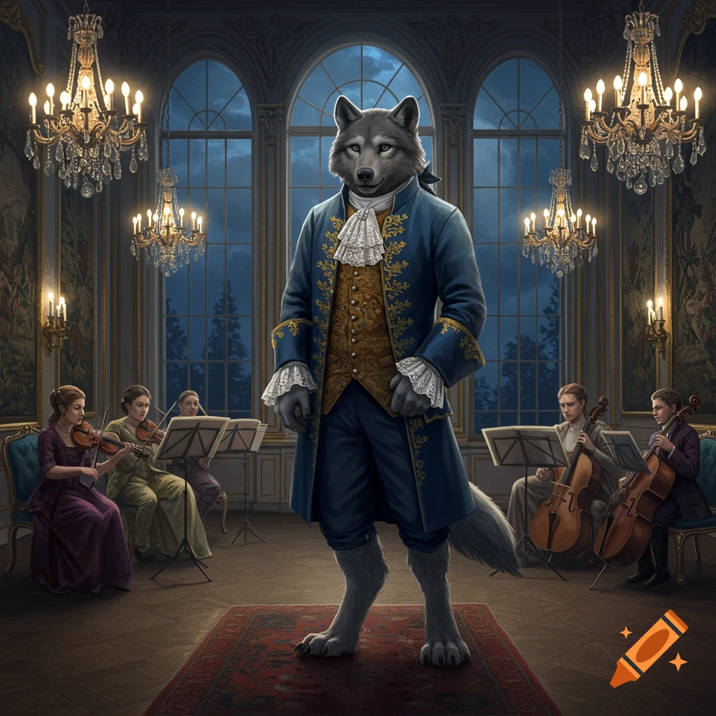 An anthropomorphic wolf in a blue and gold 18th-century suit stands in an elegant ballroom with musicians playing in the background.