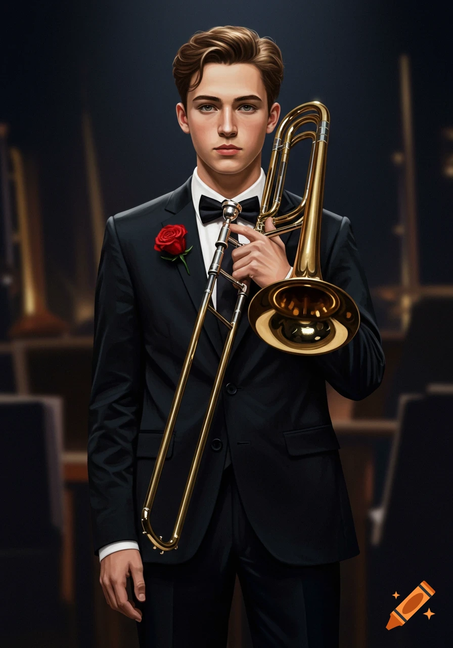 An illustration of a young man in a black suit with a red rose, holding a trombone against a dark concert hall background.