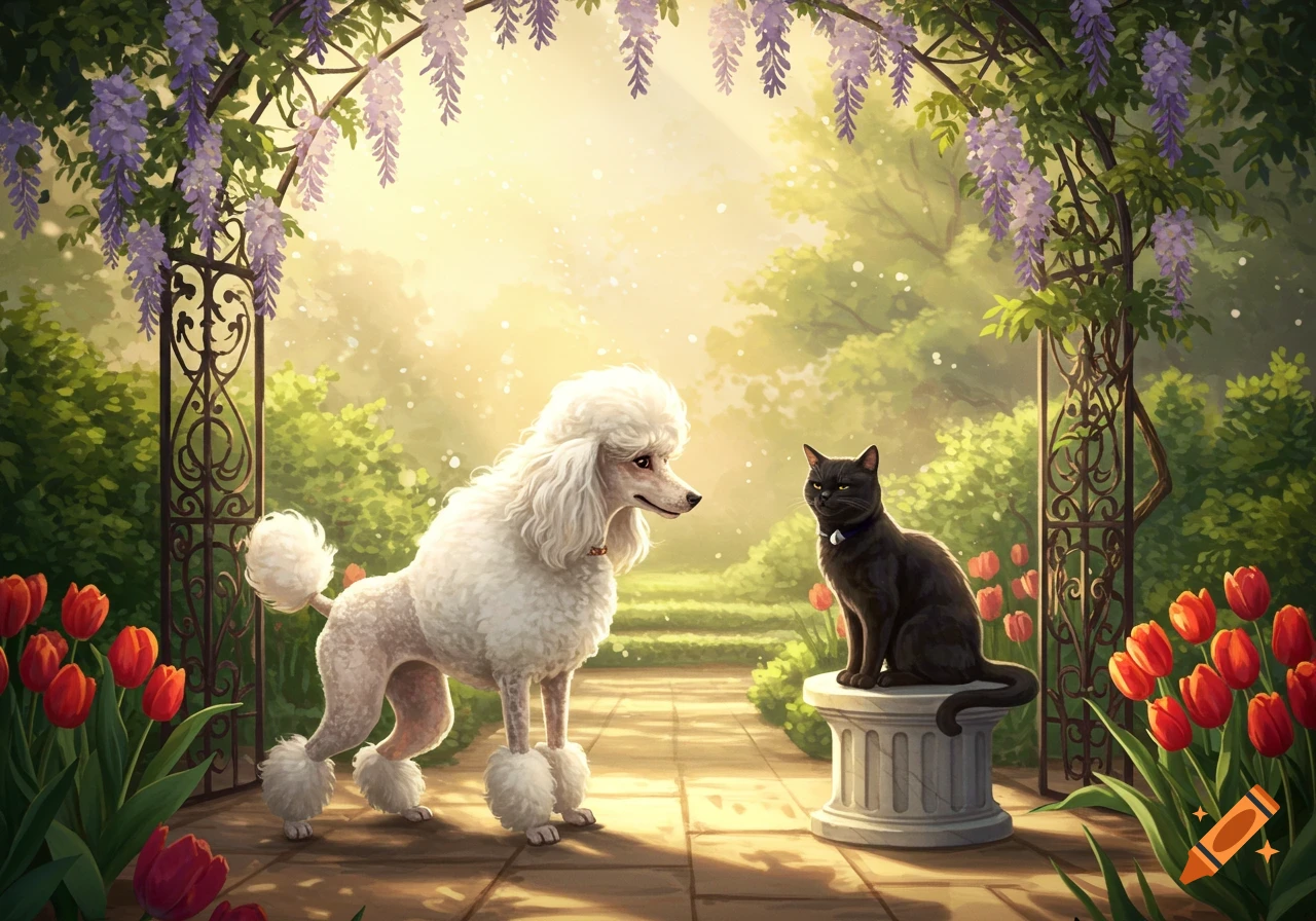 A white standard poodle stands on a path in a lush garden, looking at a black cat perched on a stone pedestal, surrounded by red tulips and wisteria.
