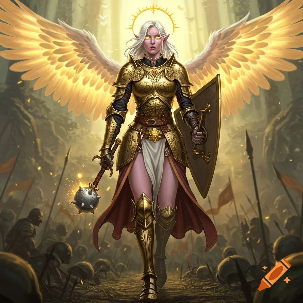 A majestic female Aasimar cleric in golden armor with large feathered wings and a halo, holding a mace and shield on a battlefield.