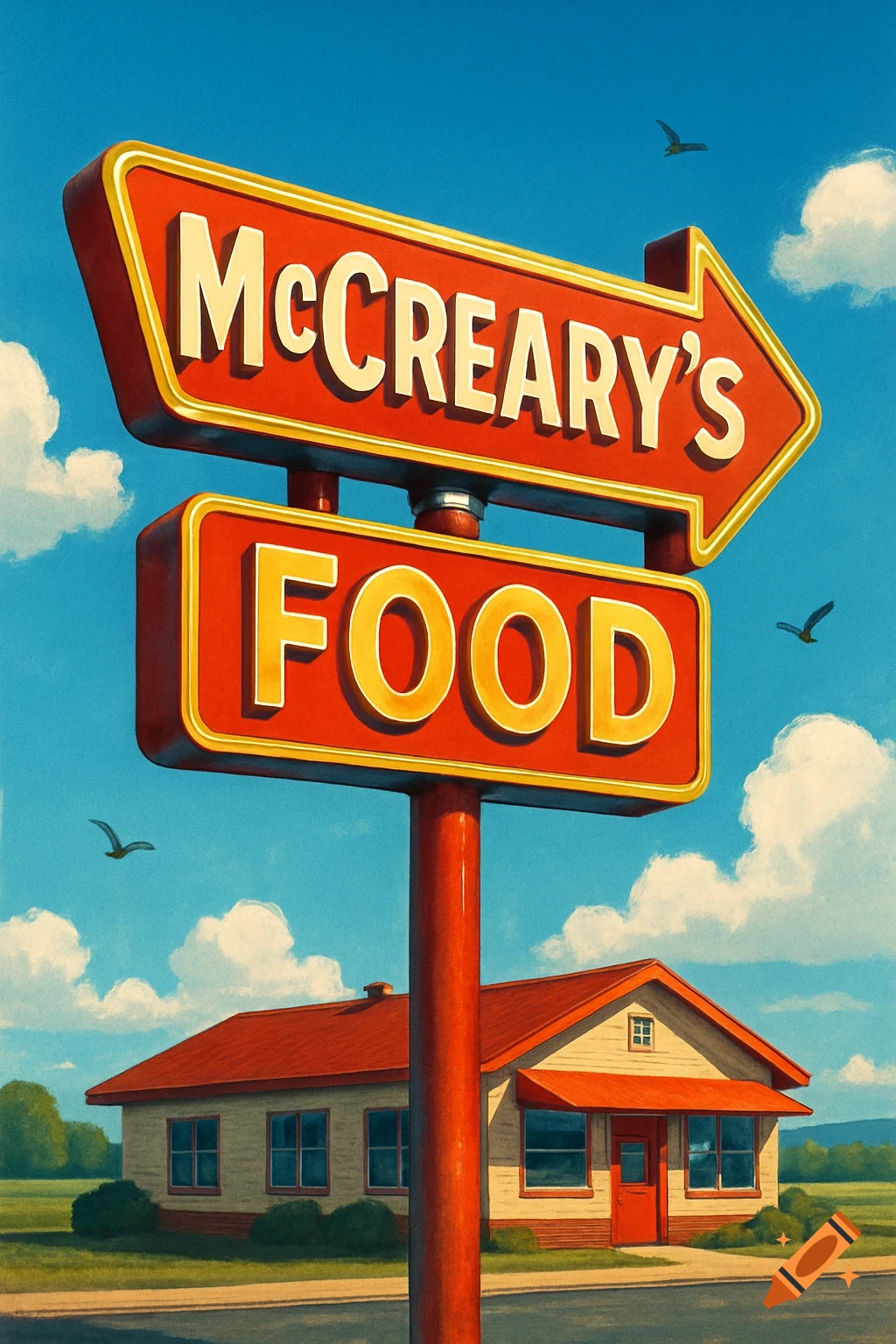 A stylized painting of a vibrant red and yellow sign for "McCREARY'S FOOD" pointing right, with a small building and trees under a blue sky.