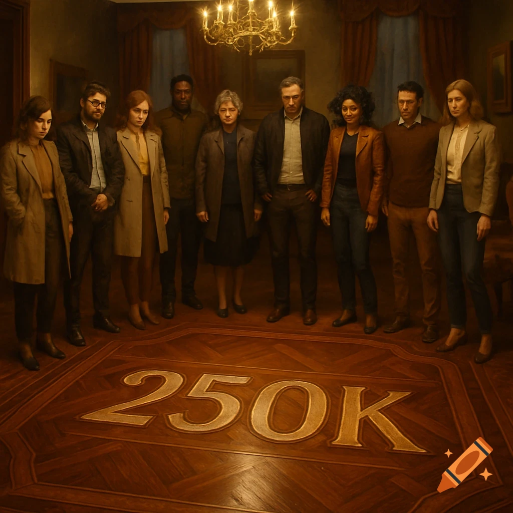 A diverse group of people stand in a dimly lit, ornate room, looking down at a wooden floor with "250K" etched into it.