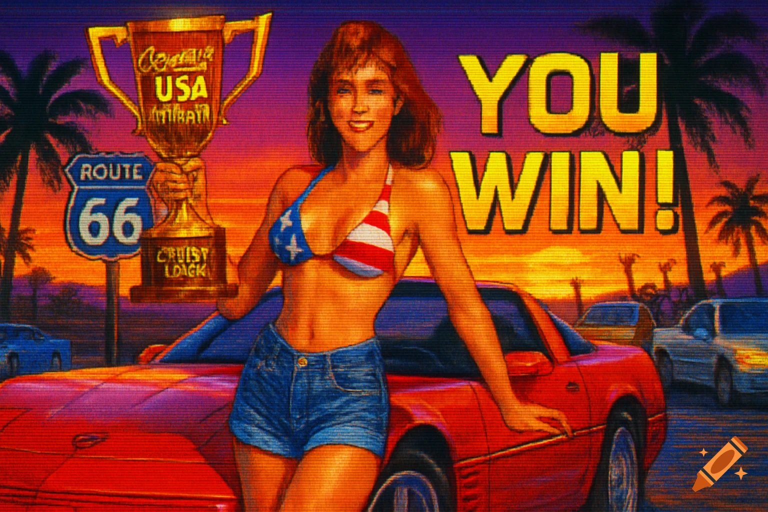 A woman in a patriotic bikini and jean shorts holds a trophy next to a red Corvette, with "YOU WIN!" text on screen. Stylized as a 90s arcade game with pixel art, scanlines, and a sunset over Route 66.