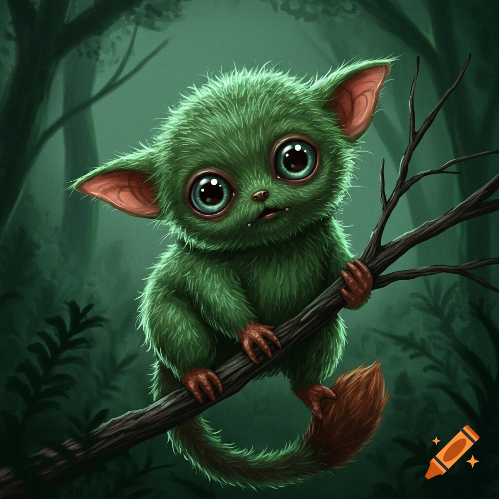 A fluffy green creature with large, expressive eyes and a brown tail perches on a tree branch in a dark forest.