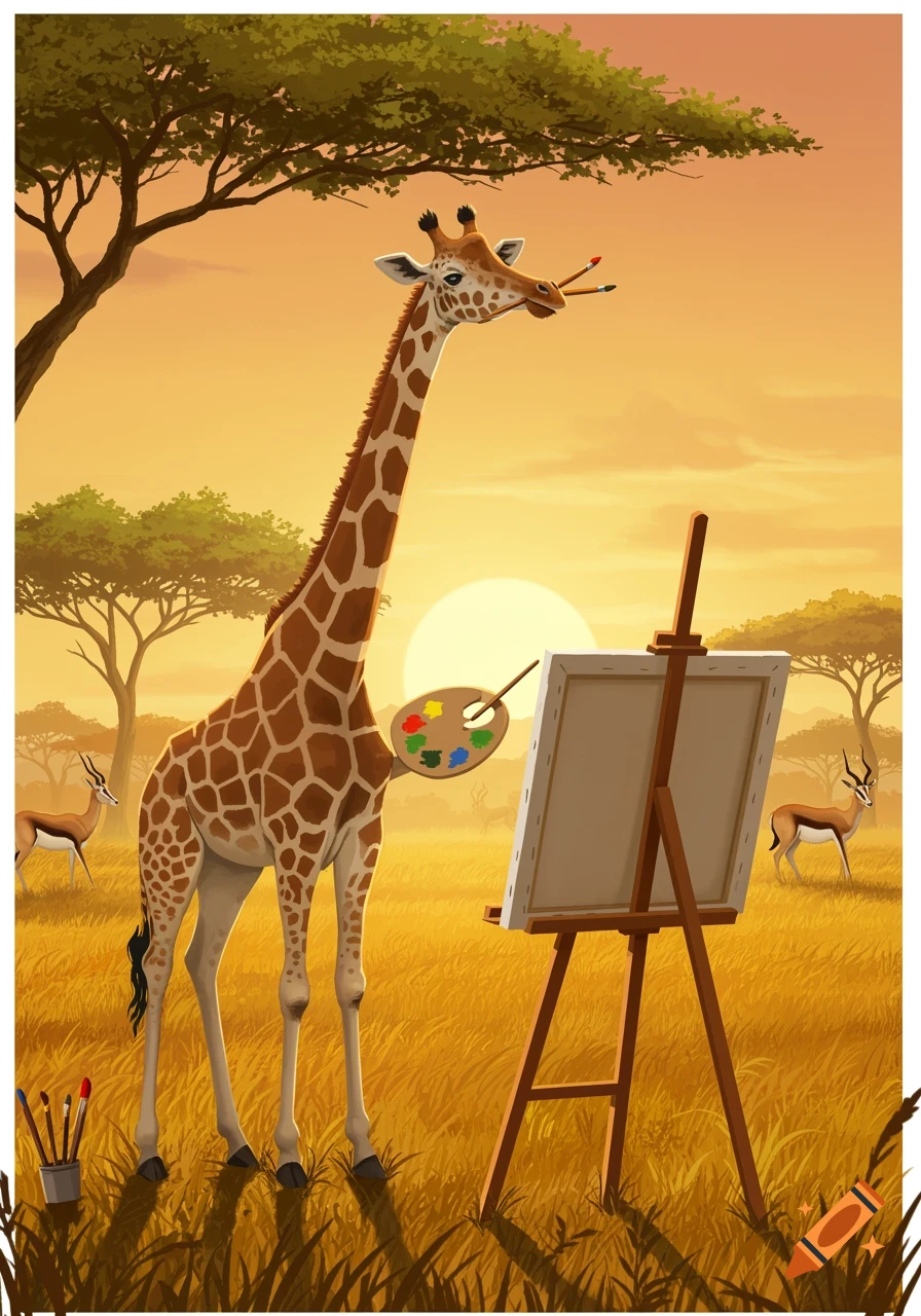 Illustrated giraffe painting on an easel in a savannah sunset, holding a paintbrush and palette.