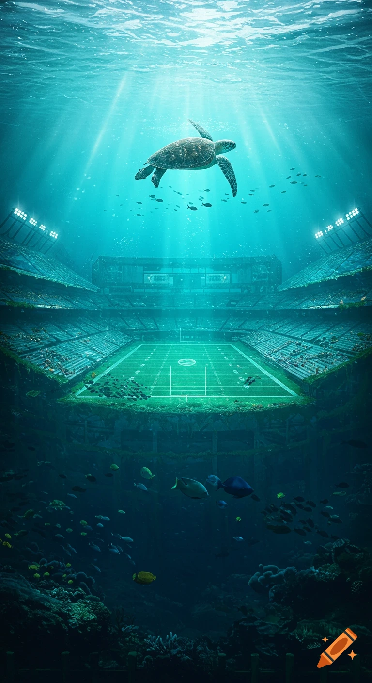 A photorealistic view of an underwater football stadium, overgrown with marine life, with a sea turtle swimming above and fish below.