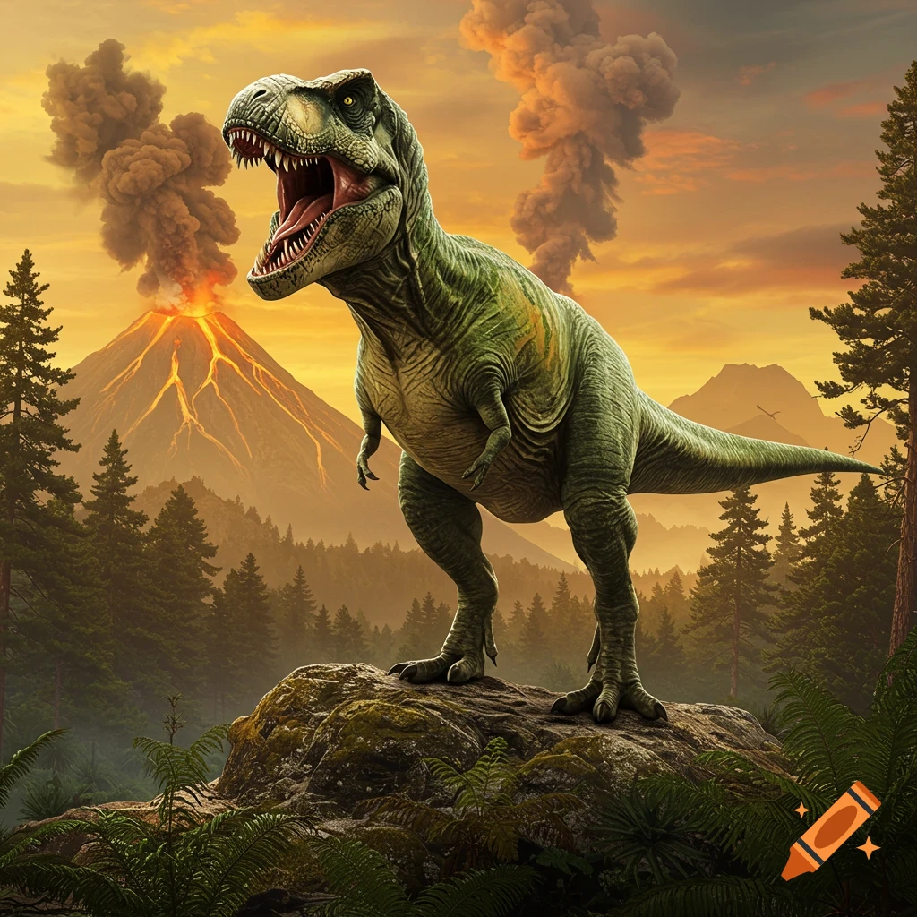 A large green Tyrannosaurus Rex stands on a rocky hill, roaring, with erupting volcanoes and a forest under an orange sky.