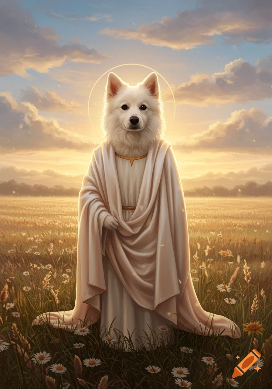Fluffy white dog in white robes with a halo standing in a golden sunlit field of wildflowers.