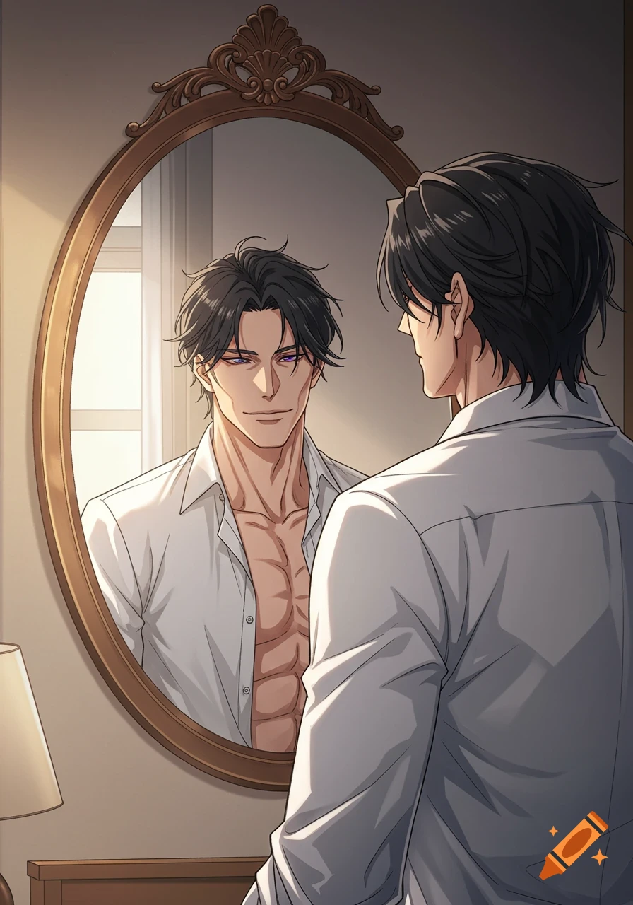 A man with black hair and an open white shirt looks at his reflection in an oval mirror, revealing his muscular chest and smirk. Anime style.