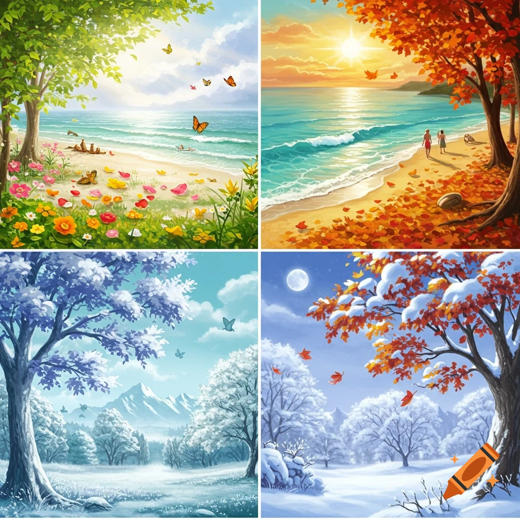 Four panels illustrating spring, autumn, and winter landscapes, with beaches, trees, butterflies, and snow, in a vibrant painterly style.
