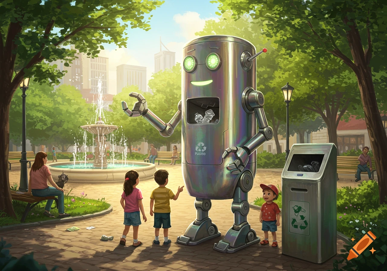 A large, friendly robot resembling a trash can stands in a park, holding crumpled plastic bottles. Two children look up at it, while a recycling bin stands nearby. Buildings are in the background.