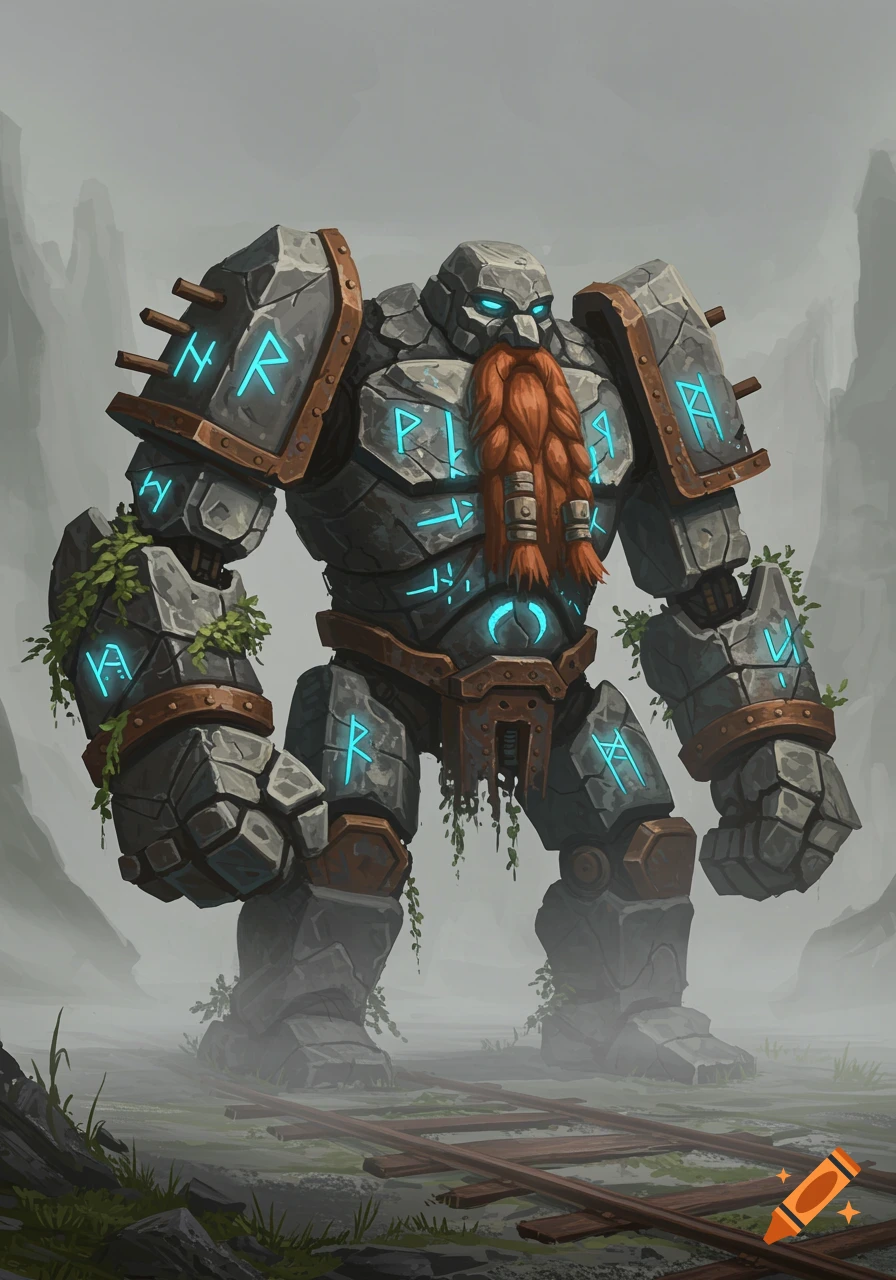 A massive dwarven stone golem with a braided red beard, glowing blue runes, and green vines, standing in a misty landscape with broken train tracks.
