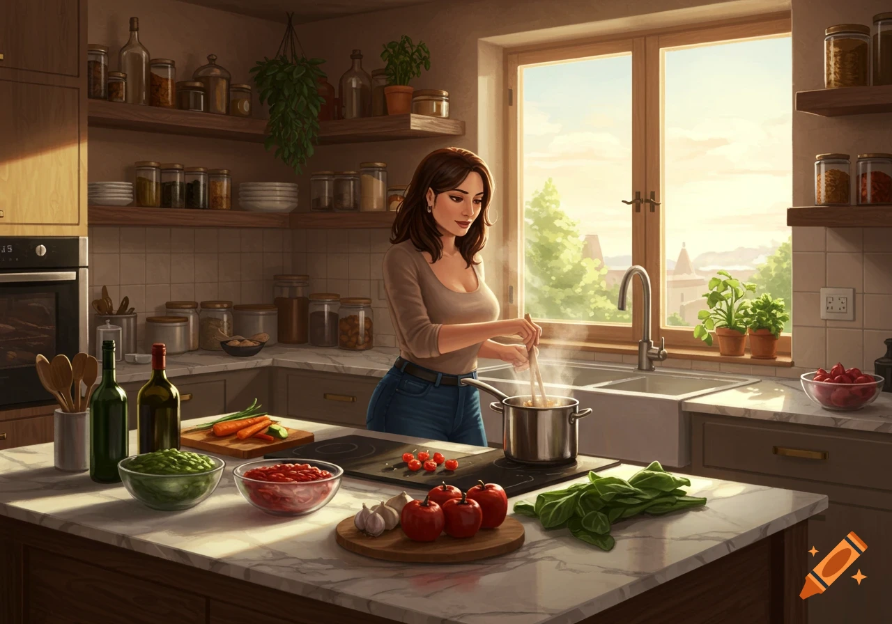 A woman stirring a pot on a stove in a bright kitchen filled with ingredients and sunlight.
