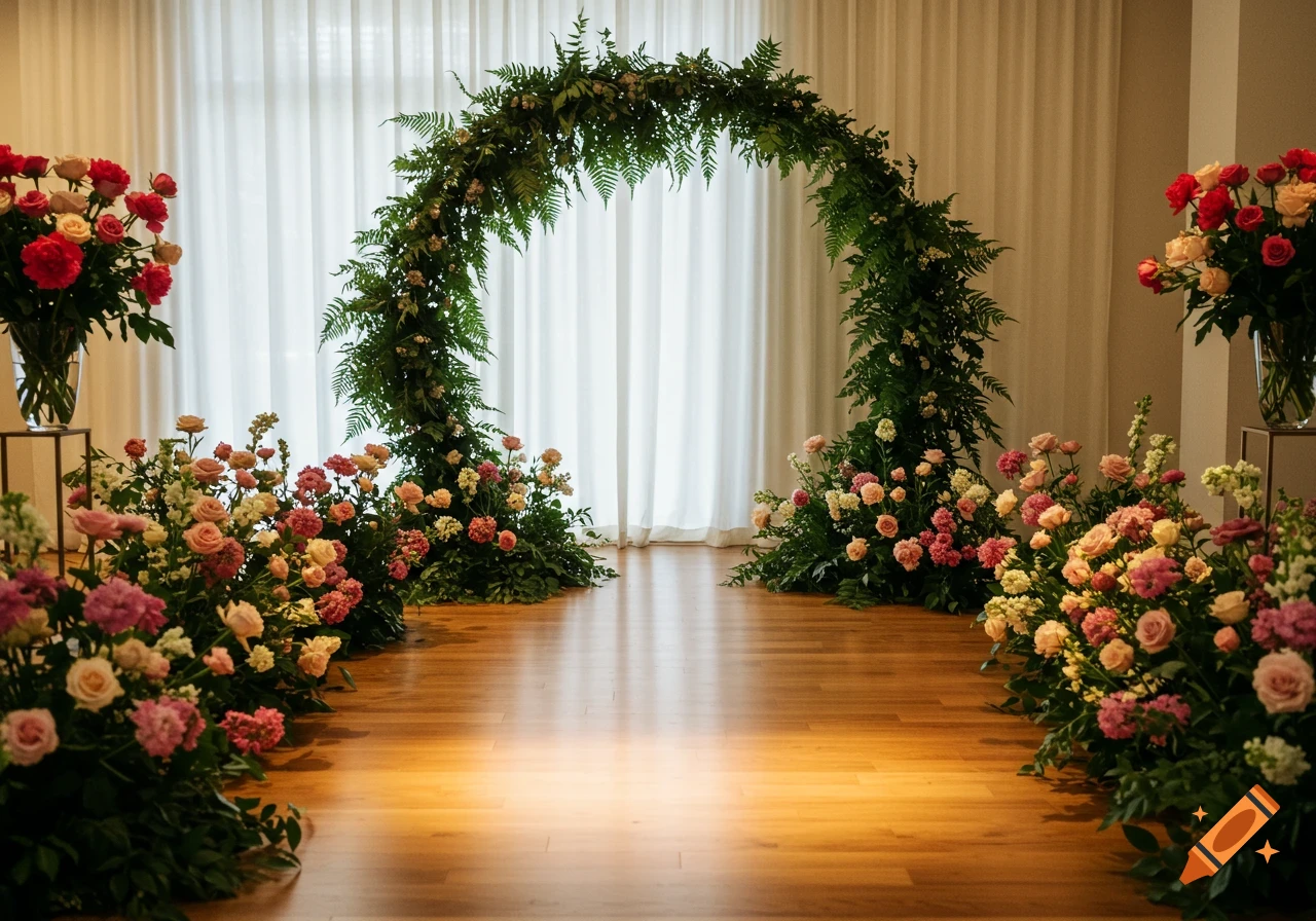 An indoor event space with a lush green floral arch, pink and red flower arrangements, and gleaming wooden floors.