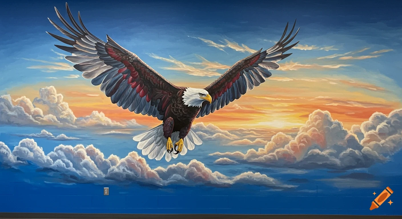 A vibrant mural depicts a bald eagle soaring with outstretched wings against a colorful sunset sky filled with clouds.