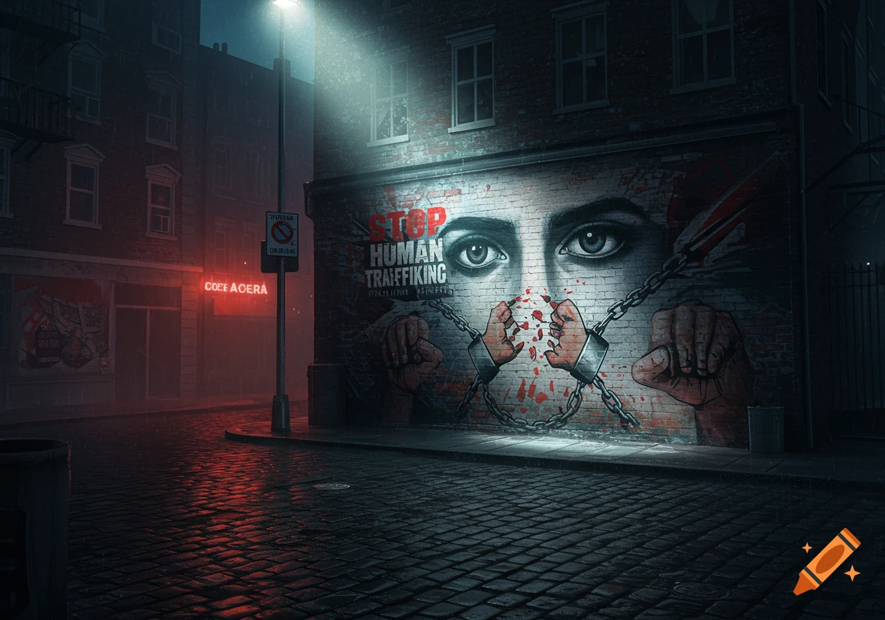 A powerful mural on a brick wall depicts eyes, hands breaking chains with red splatters, and the text "STOP HUMAN TRAFFICKING" on a dark, wet city street at night.
