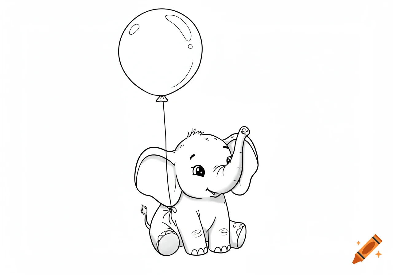 A cute baby elephant in black and white line art cartoon style, sitting and holding a balloon.