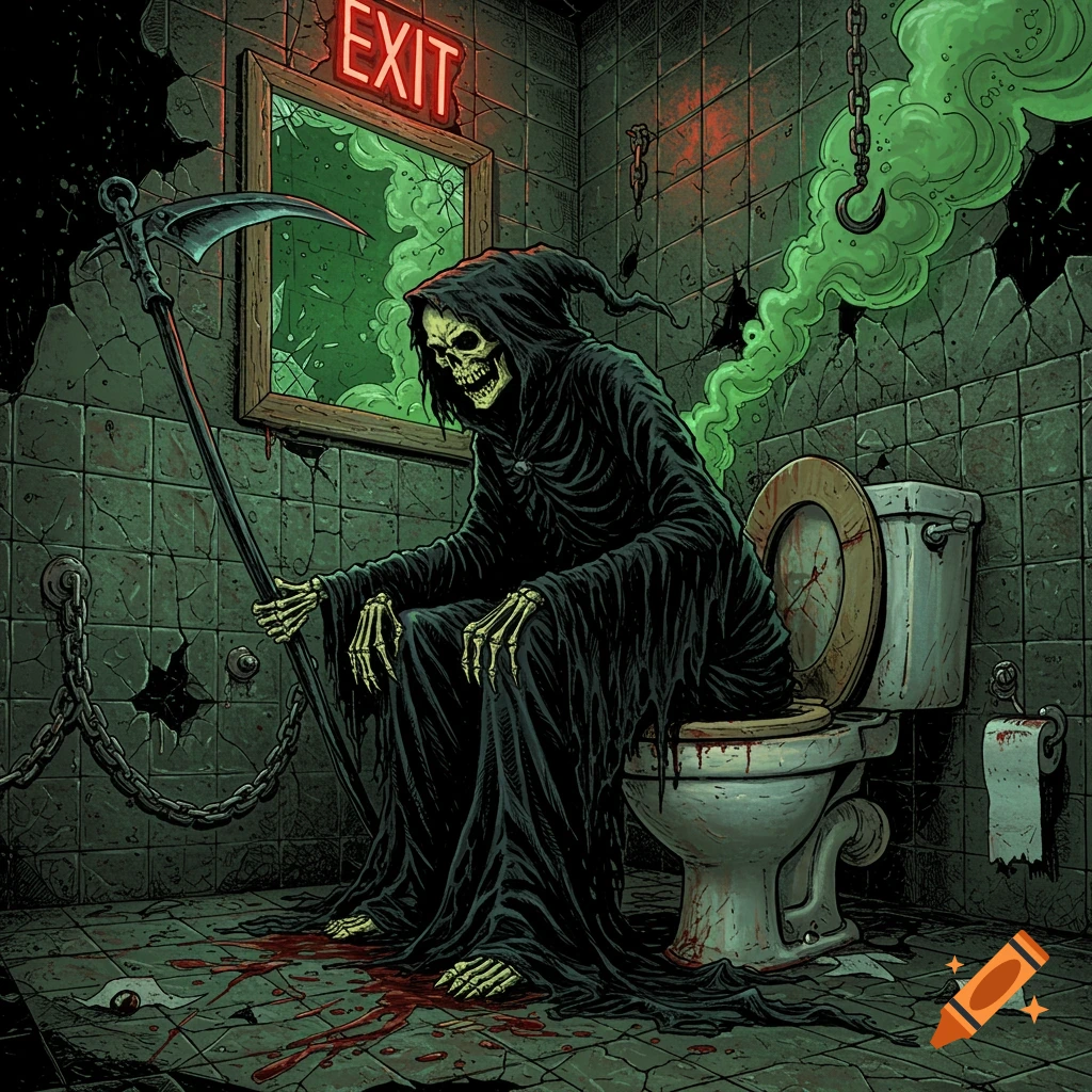 A dark fantasy illustration of the Grim Reaper sitting on a toilet in a grimy, broken-tiled bathroom with blood, green smoke, and a neon EXIT sign.