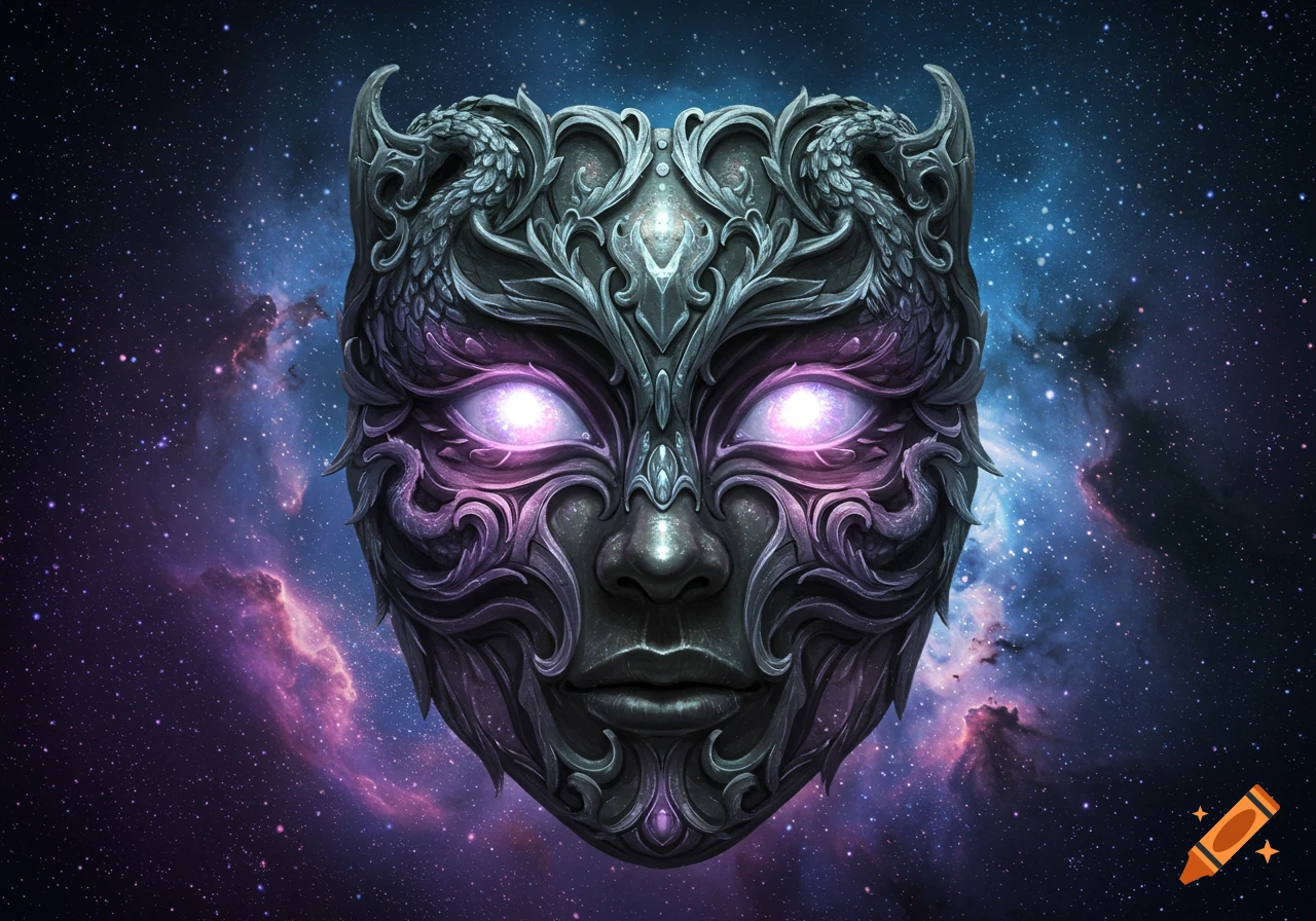 An ornate dark fantasy mask with glowing purple eyes, set against a vibrant galaxy nebula and stars.