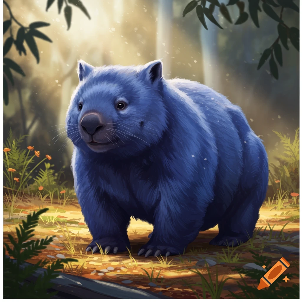 A blue wombat stands in a sunlit forest, surrounded by green foliage and orange flowers. Digital painting style.