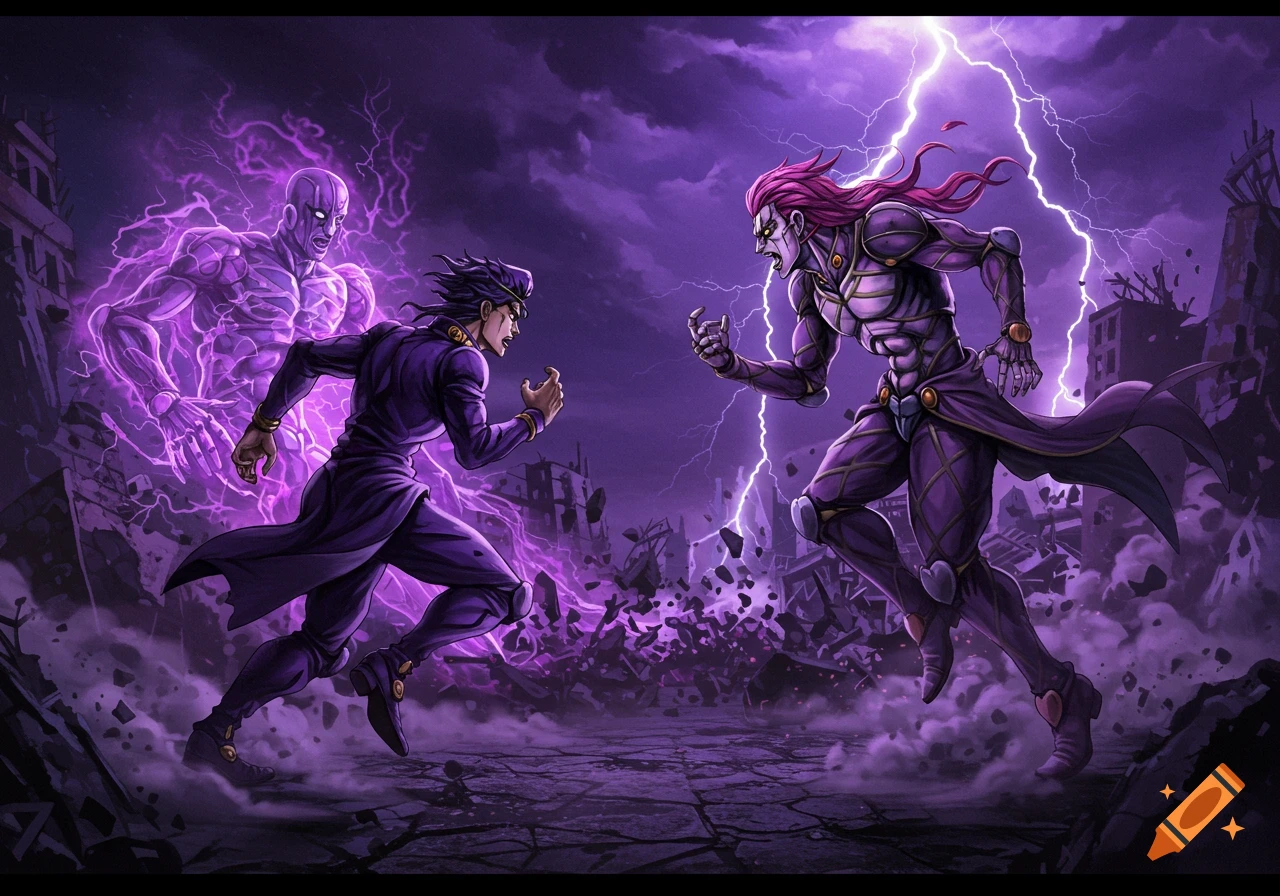 Two anime-style characters, one with dark hair and a purple coat, and another with red hair and a muscular build, face off amidst purple lightning and rubble in an intense battle scene.