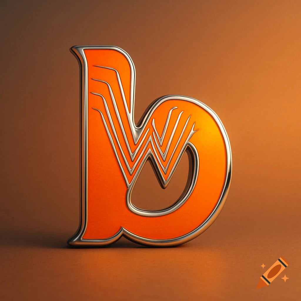 A shiny orange and silver stylized lowercase letter 'b' in the style of the Whataburger logo, on a brown background.