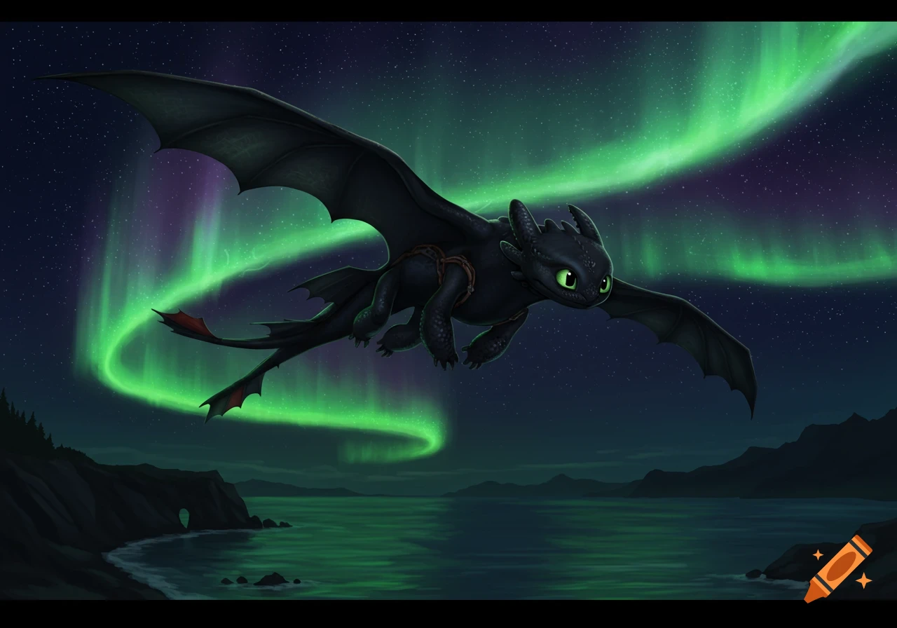 A black cartoon dragon, Toothless, flies across a night sky with bright green and purple aurora borealis over a calm lake.