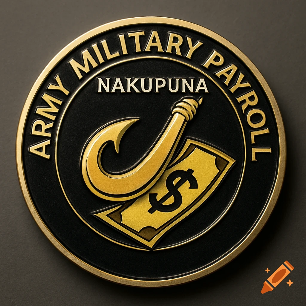 A black and gold challenge coin with 'ARMY MILITARY PAYROLL' on the bottom and 'NAKUPUNA' on top. The center features a gold Hawaiian hook piercing a dollar bill with a dollar sign.
