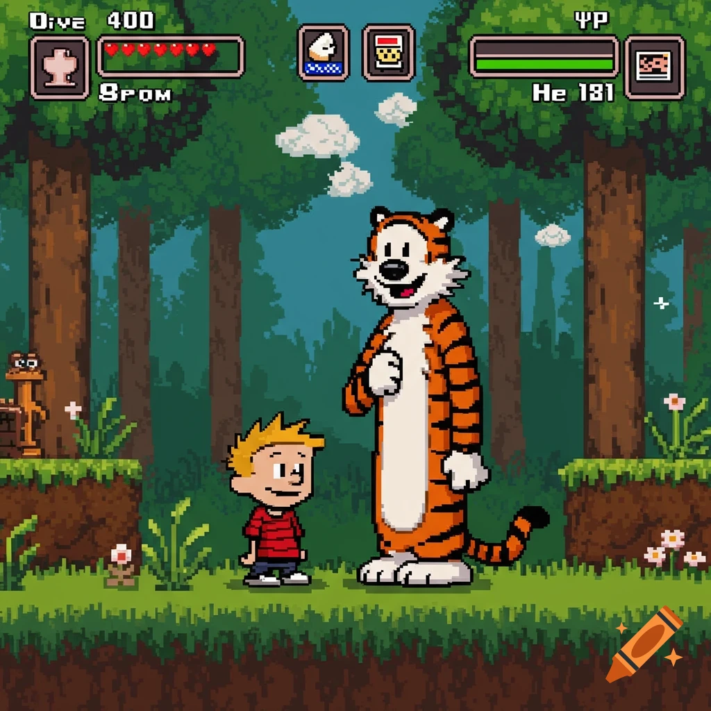Calvin and Hobbes are depicted in a pixel art style, standing in a forest environment that resembles a 32-bit video game screenshot with UI elements.