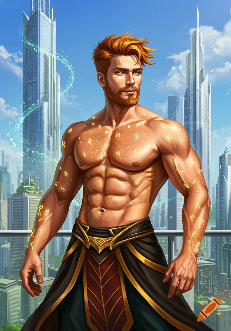 An athletic, ginger-haired man with glowing runes on his body stands on a balcony overlooking a futuristic cityscape.
