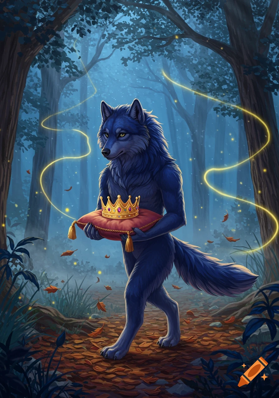 A blue furry wolf-like creature walks through an enchanted forest, carrying a golden crown on a red cushion.