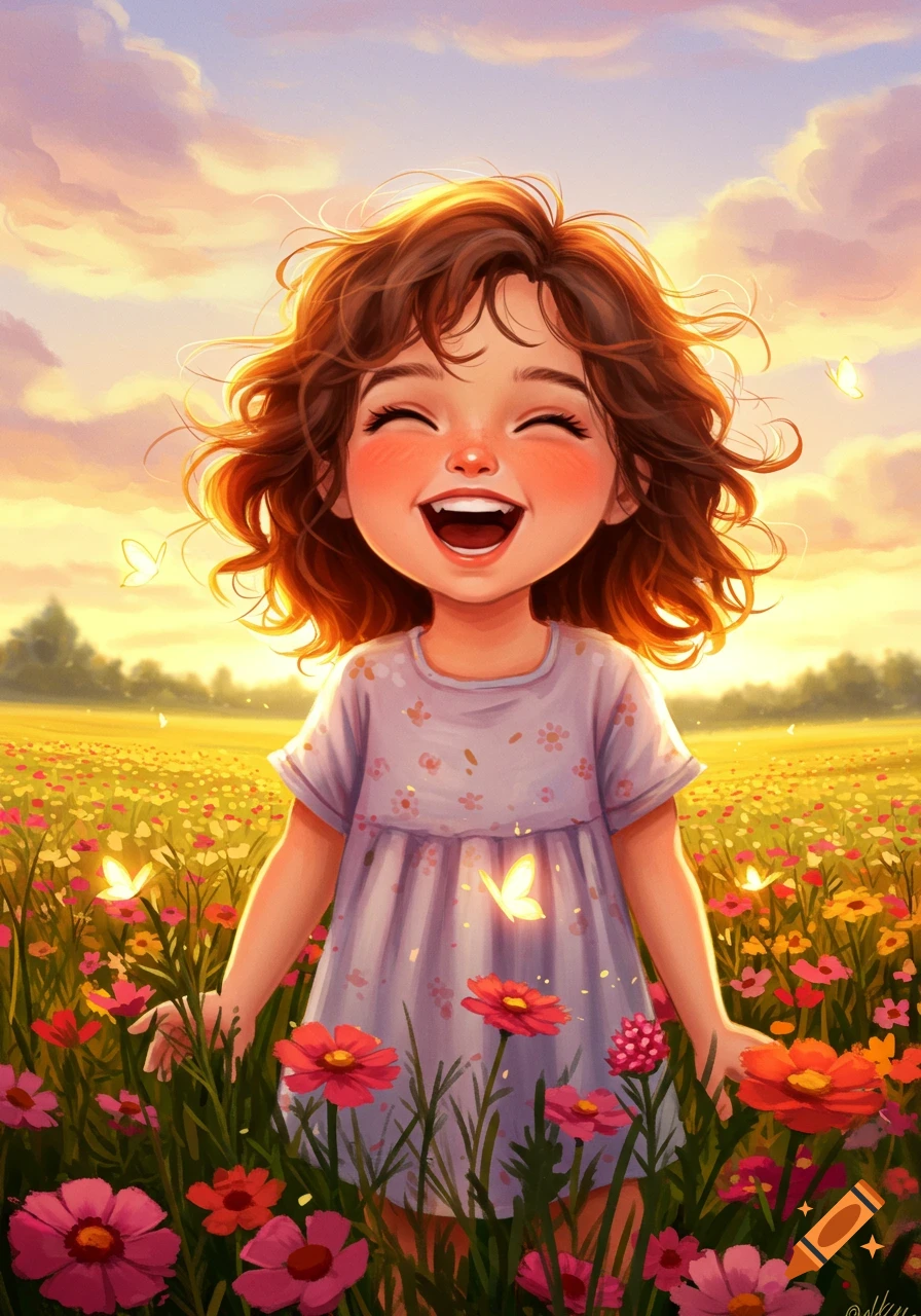 A joyful cartoon girl with brown curly hair laughs in a vibrant flower field at sunset with butterflies, in an illustrated style.