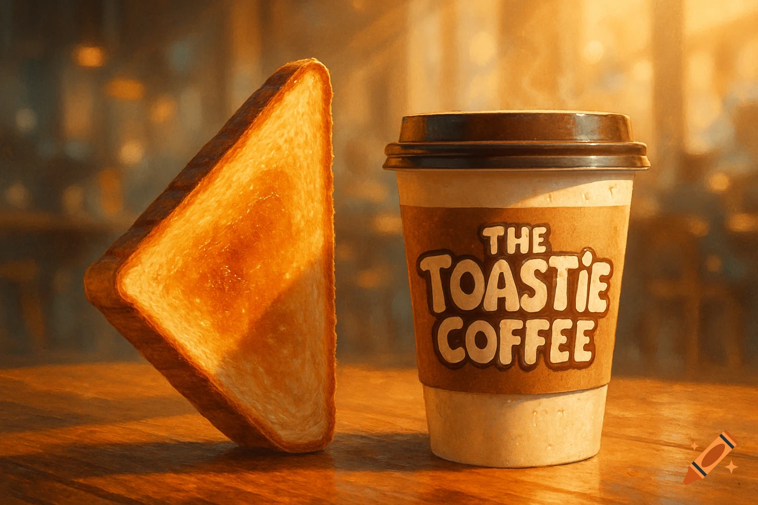 A golden piece of toast stands upright next to a takeaway coffee cup labeled 'The Toastie Coffee' on a warm, sunlit wooden table.
