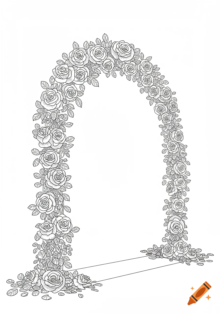 Line art illustration of a round arch covered in roses and leaves, with some scattered at the base.
