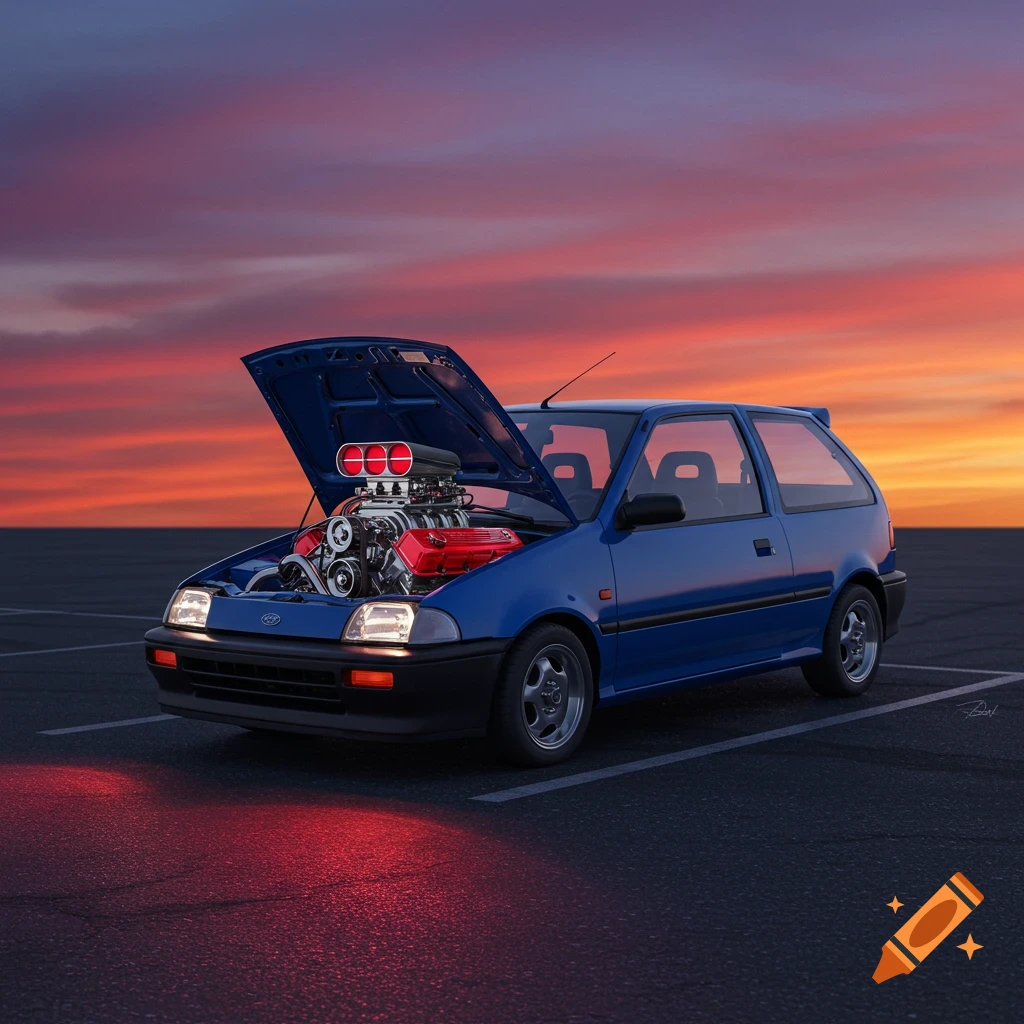A blue Geo Metro hatchback with an open hood revealing a large V12 engine, parked in an empty lot at sunset.