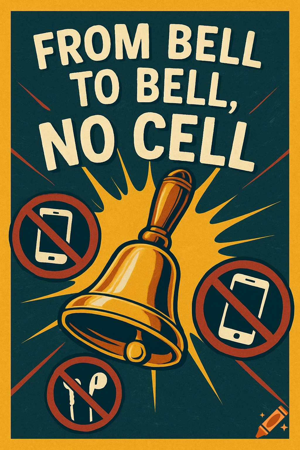 A vintage-style poster with text "FROM BELL TO BELL, NO CELL", featuring a large bell and icons of crossed-out cell phones and earbuds.