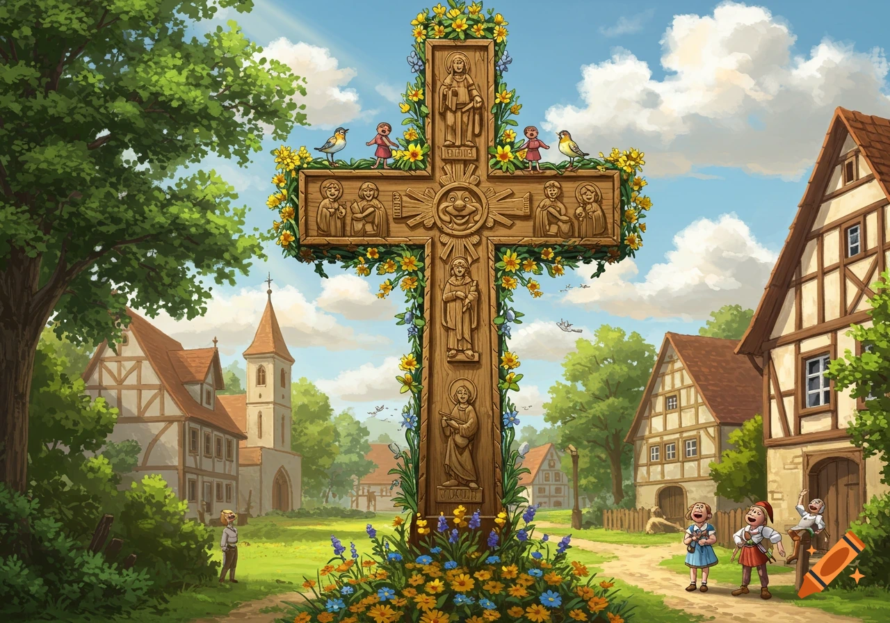 A large wooden cross adorned with yellow flowers and carved figures stands in a vibrant green village square, surrounded by half-timbered houses and a church, with children playing.