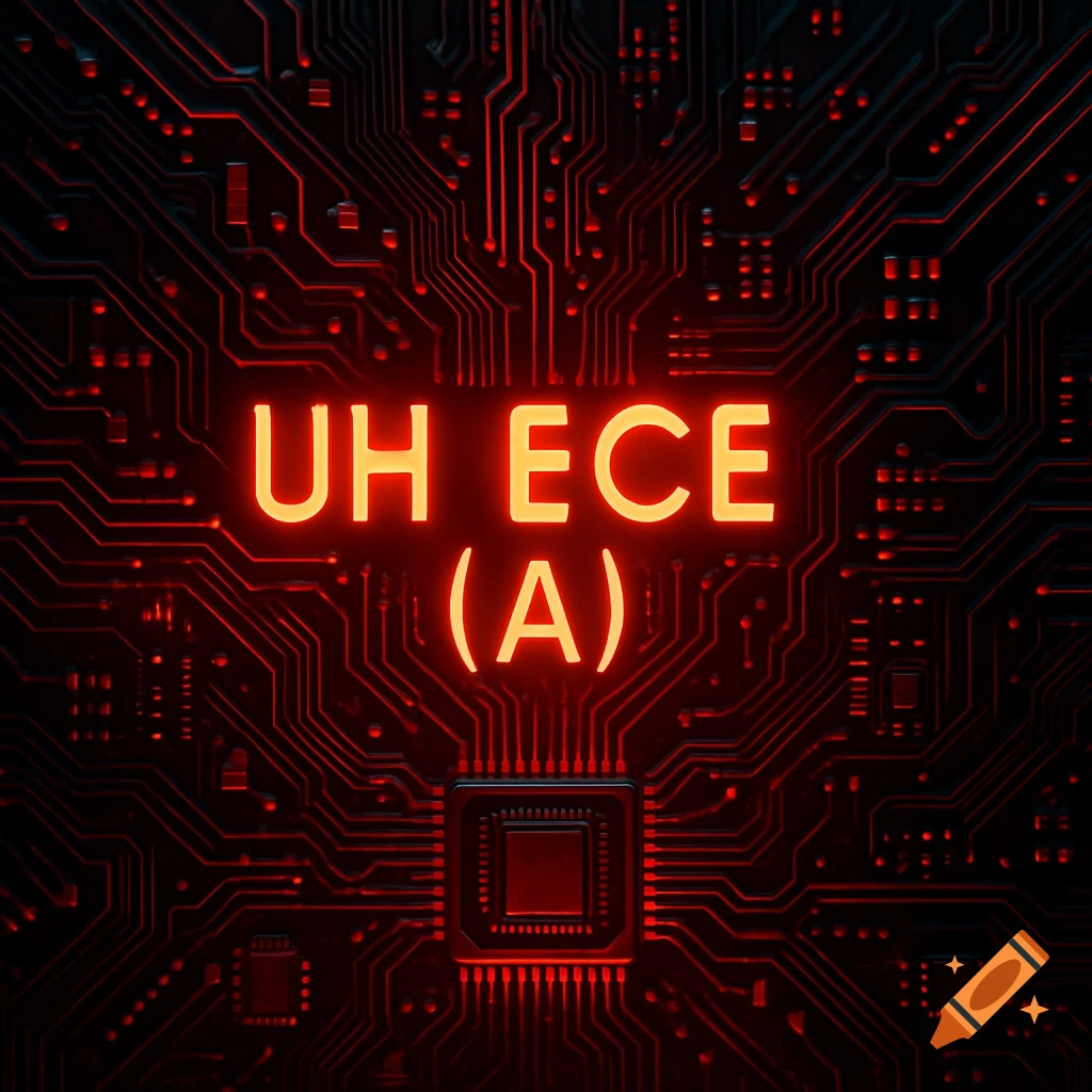 Red glowing text 'UH ECE (A)' on a dark circuit board with radiating red lines.