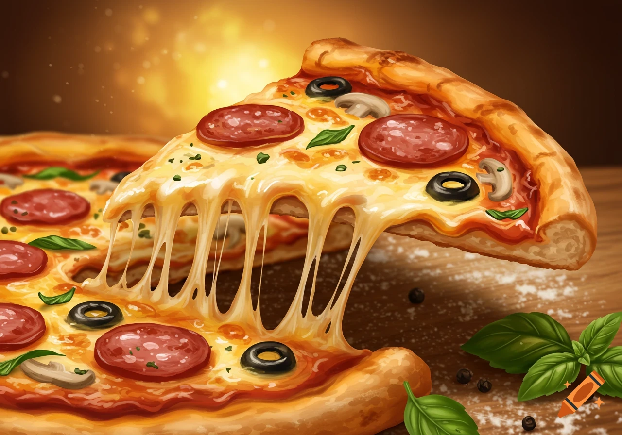 A photorealistic pizza slice with melting cheese stretching from the whole pizza, topped with pepperoni, olives, and mushrooms.