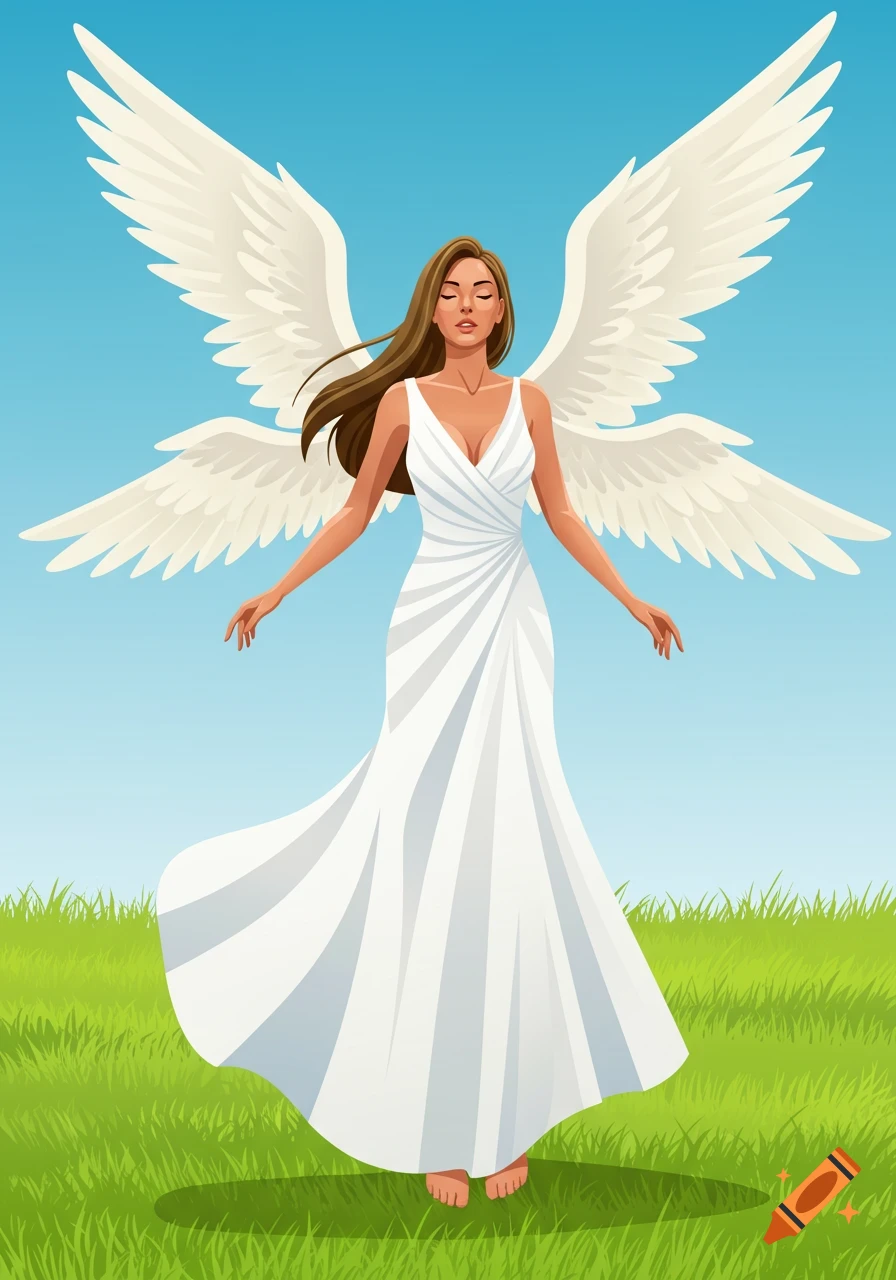 A vector illustration of an angel woman with long brown hair and white wings, wearing a white dress, standing in a grassy field under a blue sky.