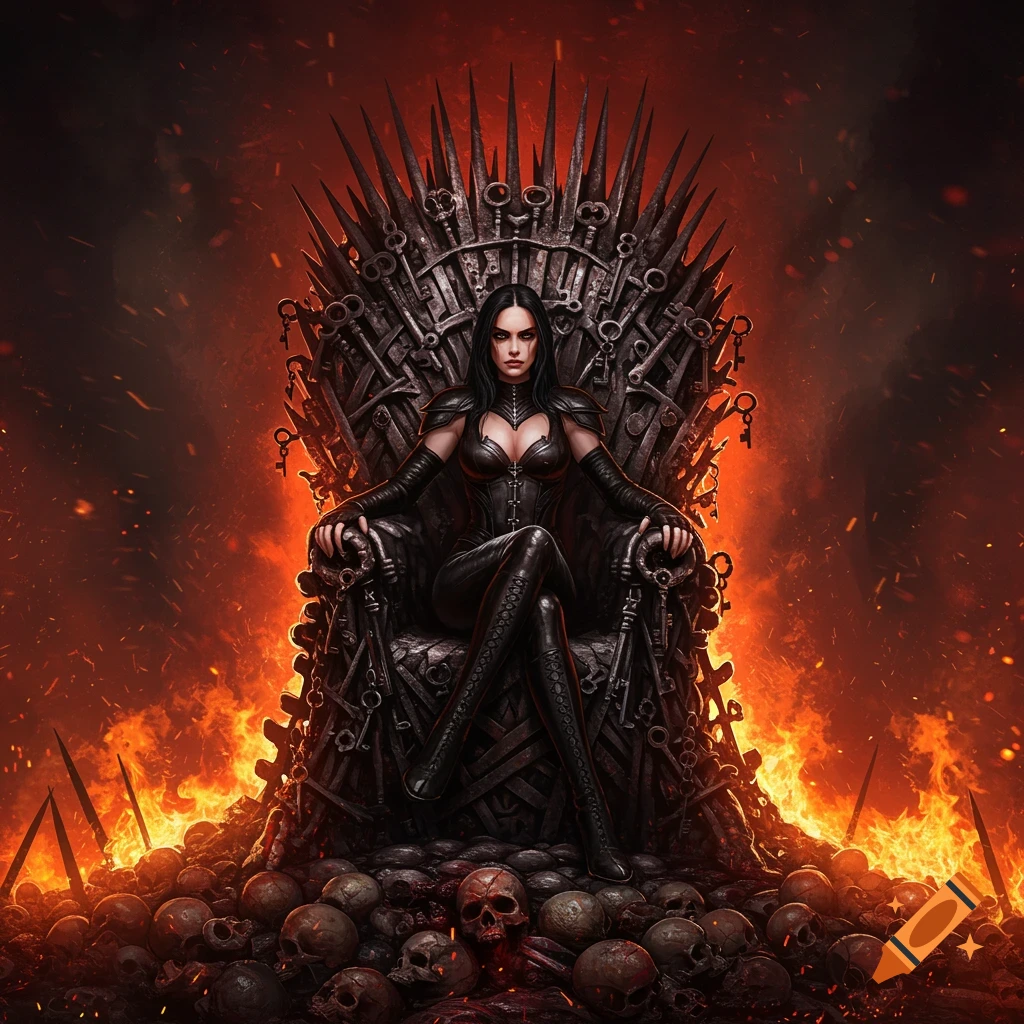 A dark queen in black leather sits on a throne of keys and skulls, engulfed in flames, in a dramatic fantasy illustration.