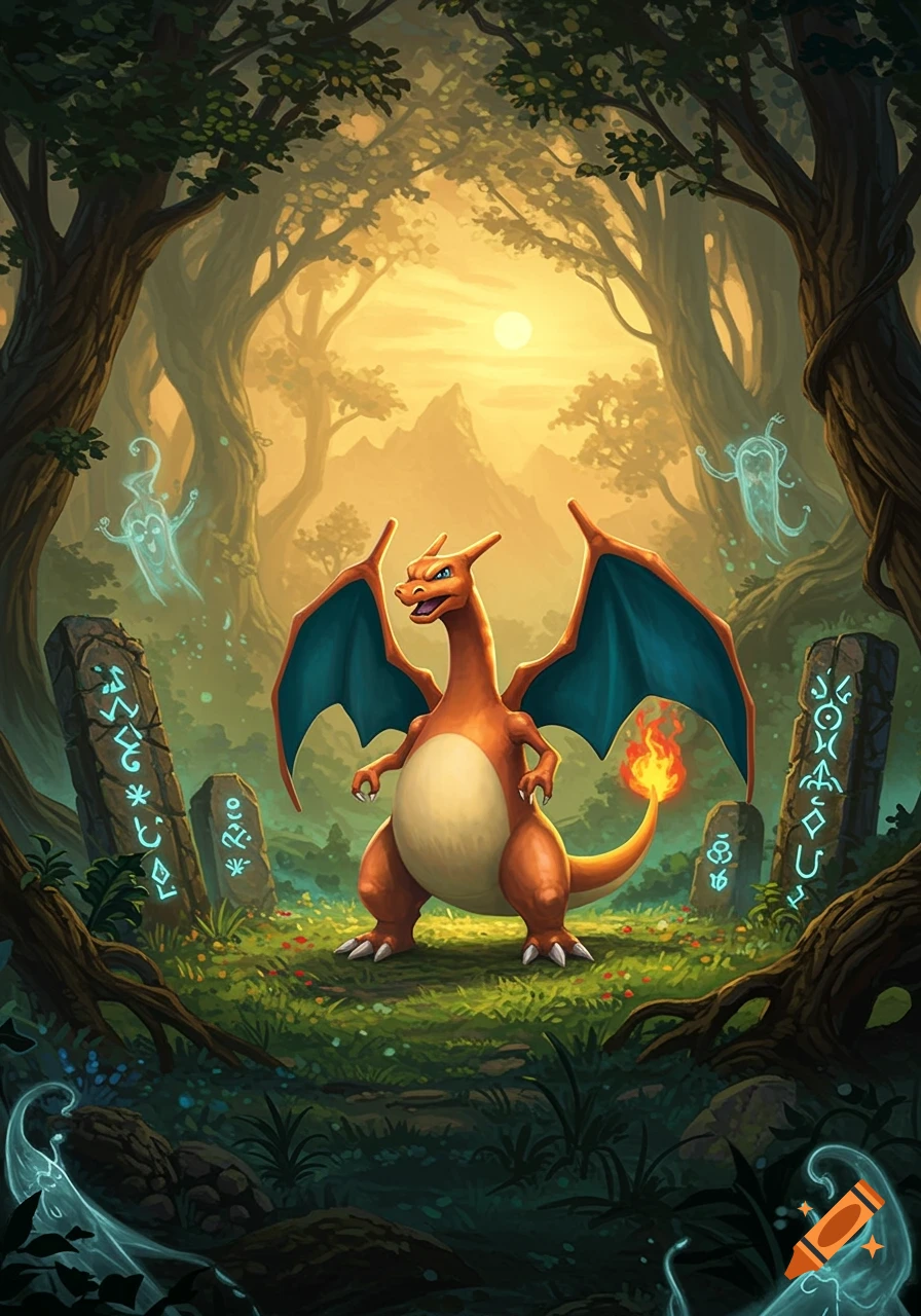 A Charizard stands in a magical forest clearing with glowing runes on stone tablets and spectral figures, in a fantasy art style.