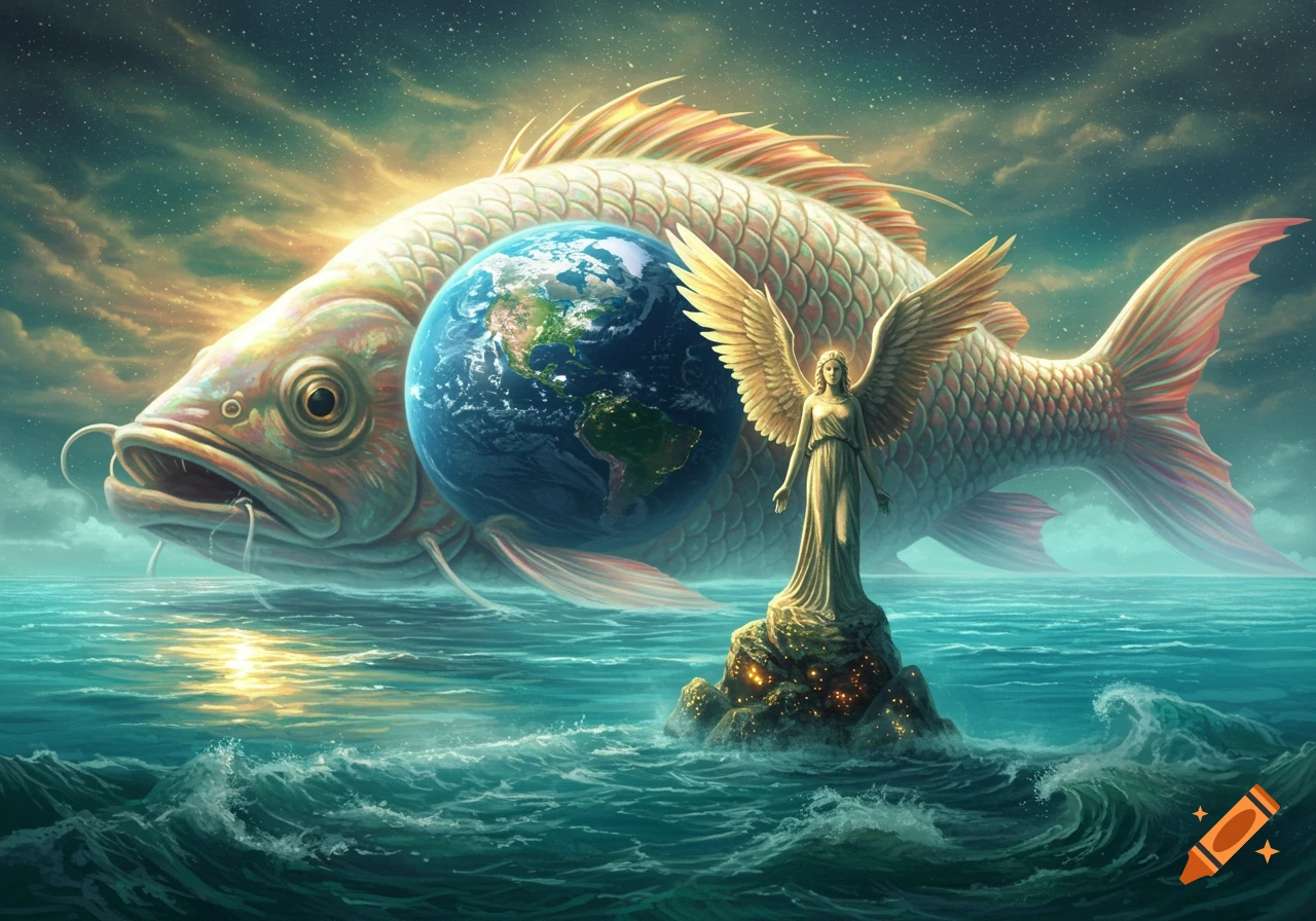 A colossal fish with the Earth on its back floats in a shimmering ocean, beside an angel statue on a glowing rock, under a starry sky.