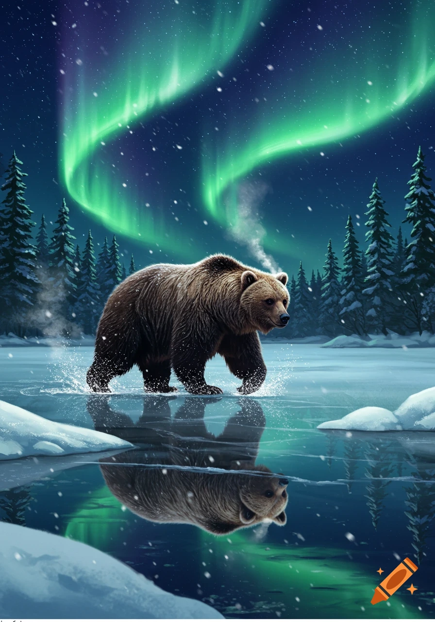 A brown bear walks across a frozen lake under a vibrant green aurora borealis and falling snow.