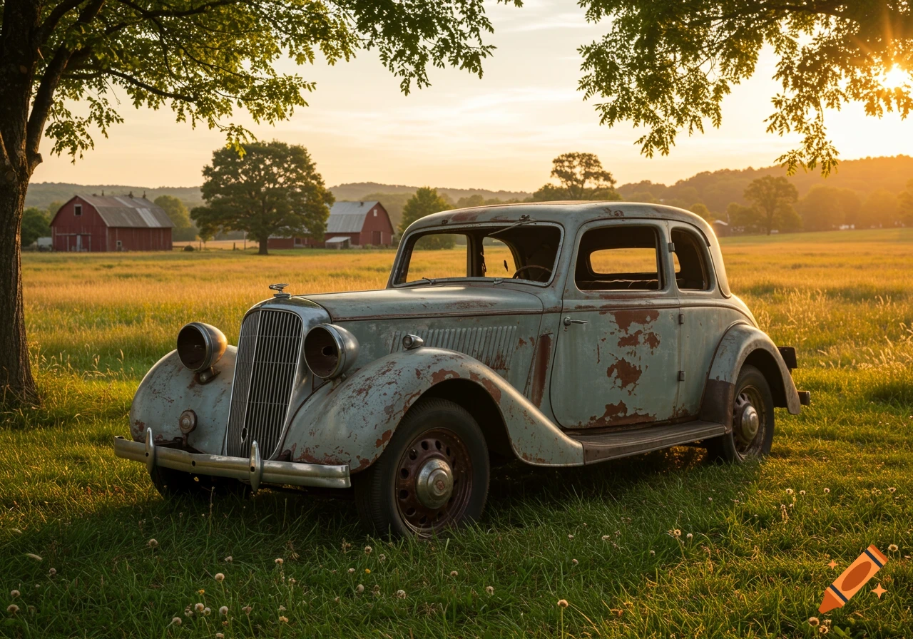 An old, rusty vintage car sits in a golden field with red barns and trees at sunset.