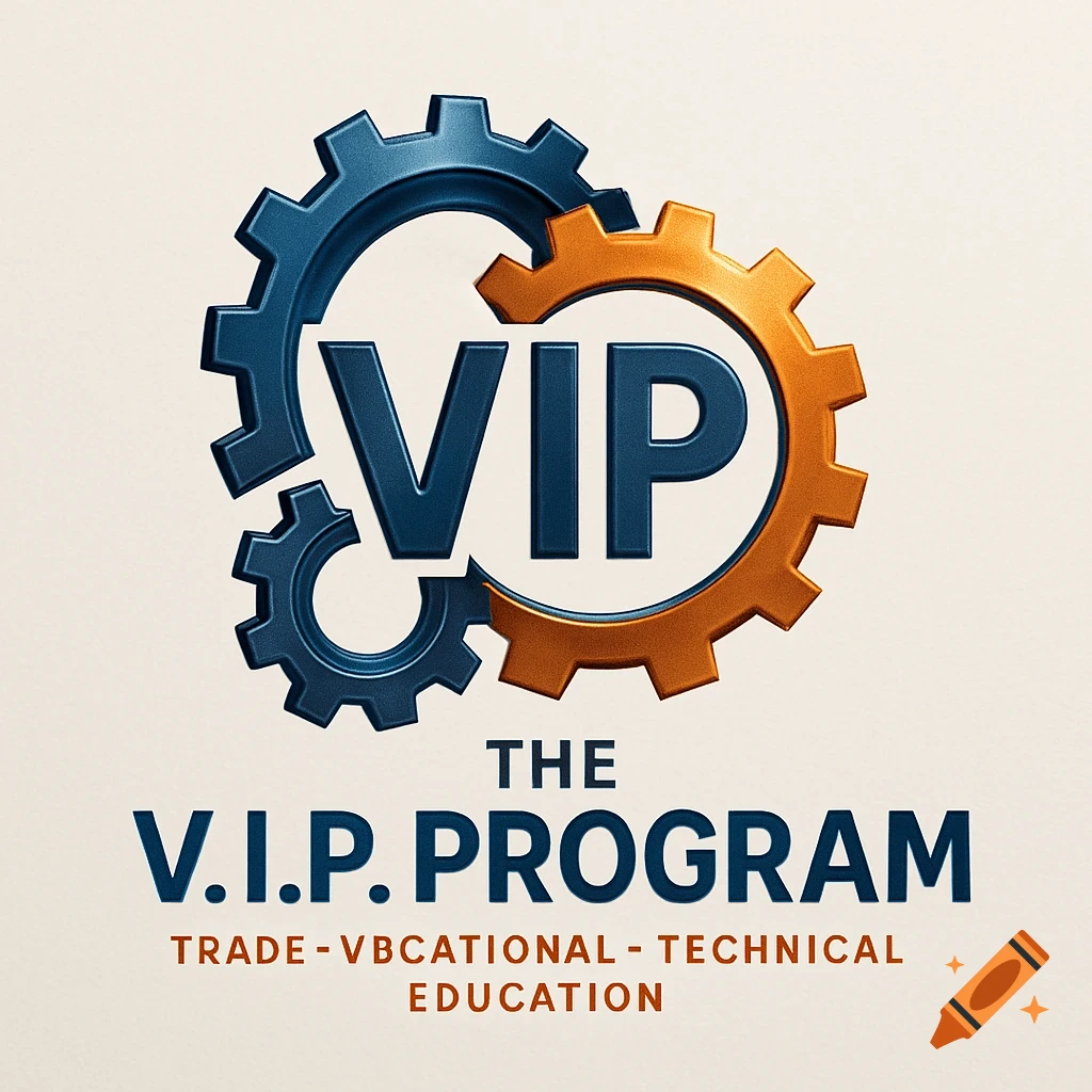 A logo featuring three interlocking gears, one large blue, one large orange, and one small blue, with the word "VIP" integrated into the larger gears. Below, the text reads "THE V.I.P. PROGRAM TRADE - VBCATIONAL - TECHNICAL EDUCATION" on a light background.