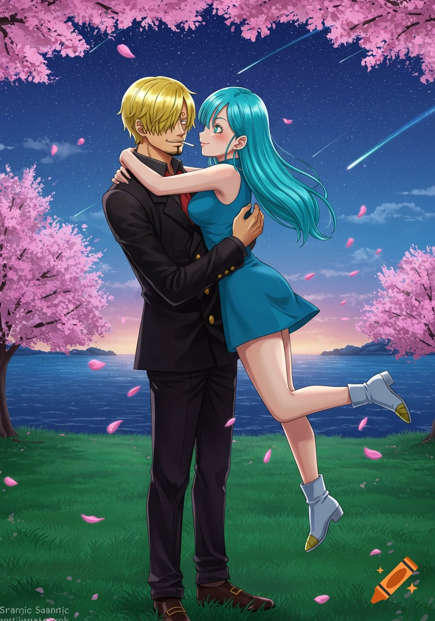 Anime illustration of Sanji and Bulma embracing under cherry blossom trees at night by a body of water with shooting stars.